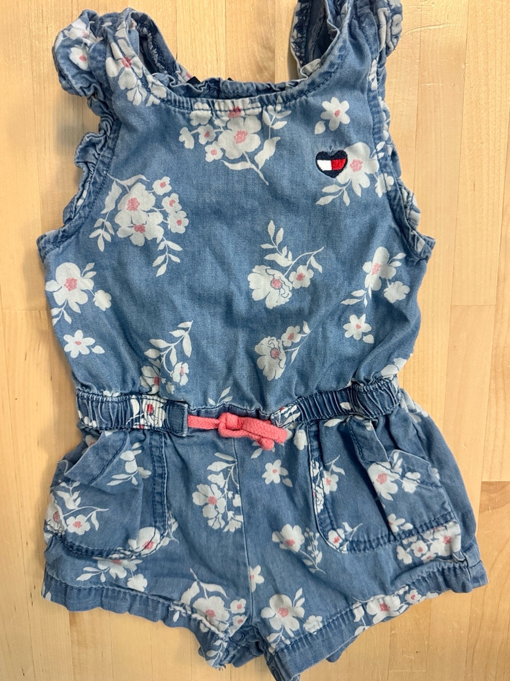 Tommy Hilfiger Blue Floral Denim Romper with Pink Tie